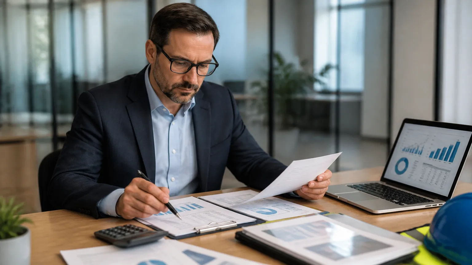 Planejamento financeiro calculando o custo de workers comp na construção civil e folha.