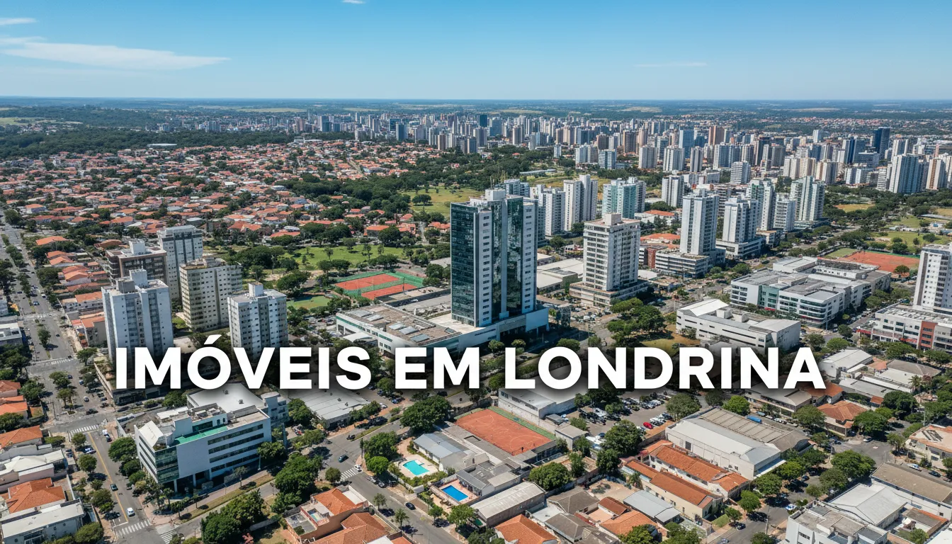 Visão aérea de Londrina com diversas propriedades e áreas populares para investimento.