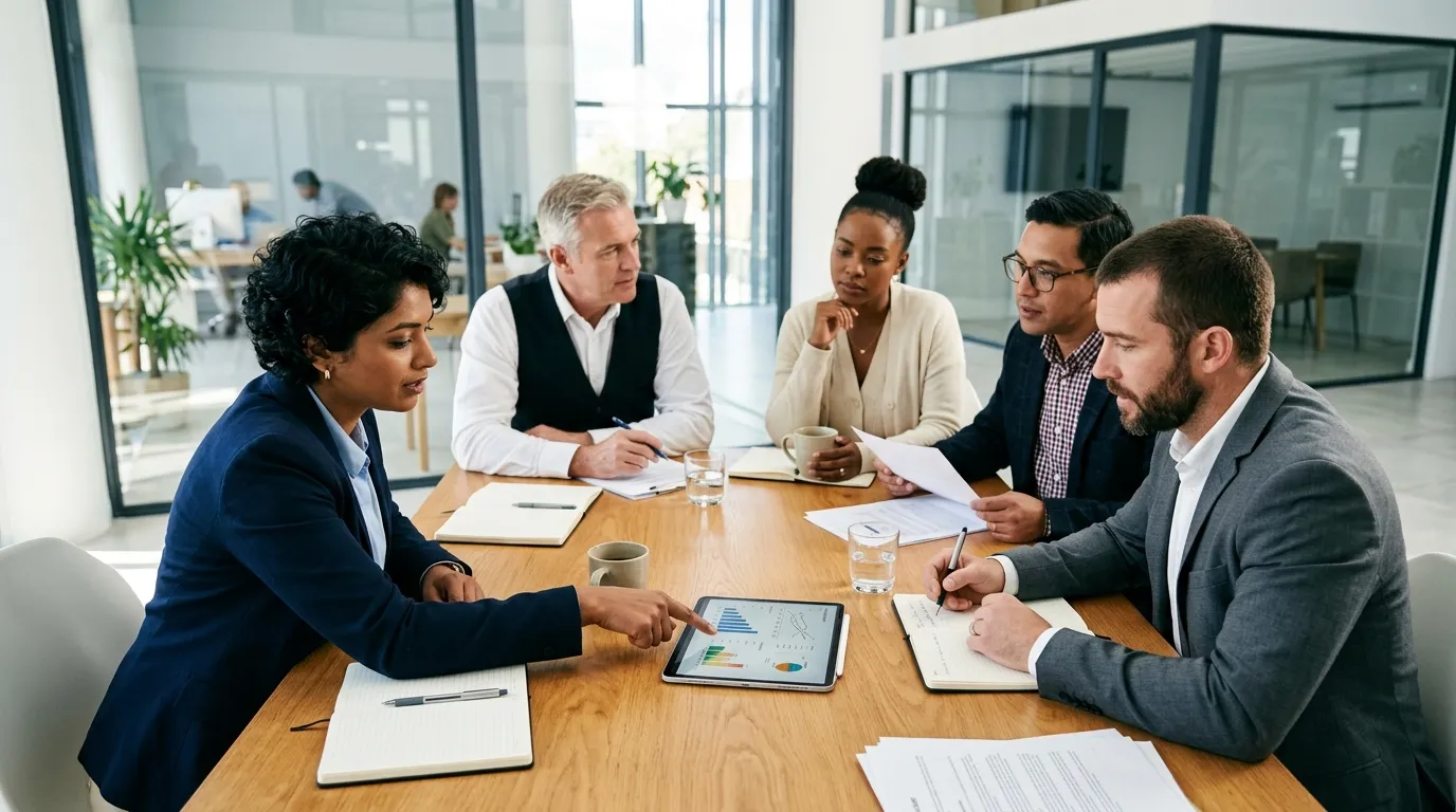Reunião de negócios com profissionais discutindo como fazer um plano de negócios eficiente.