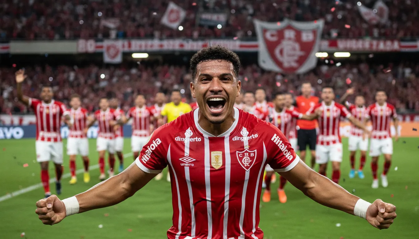 Close-up hiper-realista de um jogador celebrando um gol nas escalações de CRB x Santos futebol clube com emoção e alegria.