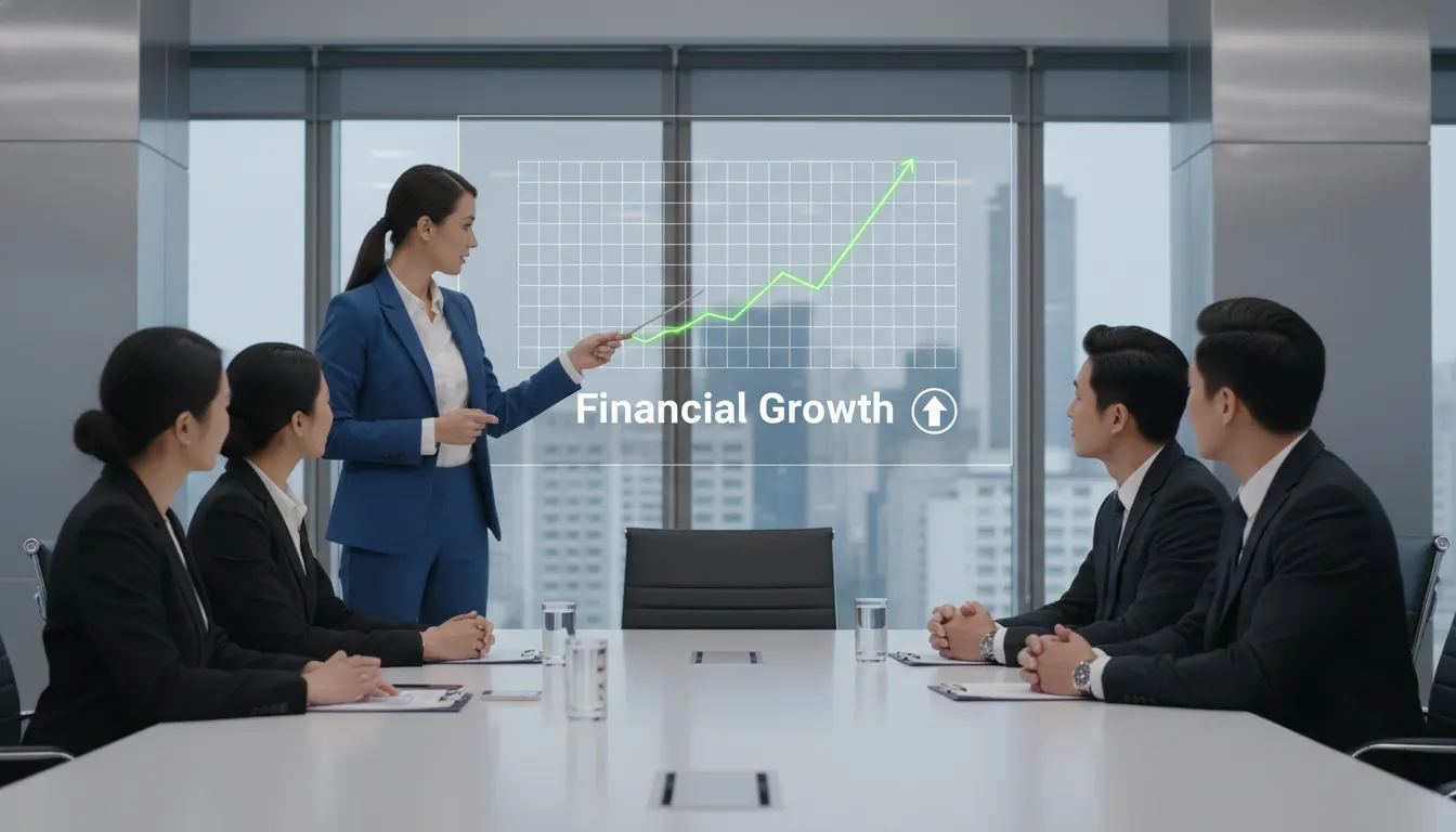 Empresaria presentando un gráfico de crecimiento financiero, ilustrando el éxito al 'Como abrir una empresa en Florida'.