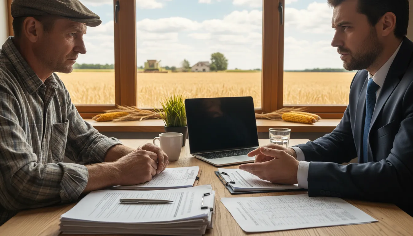 Produtor rural e advogado em reunião, negociando dívida rural com documentos e cenário agrícola ao fundo.