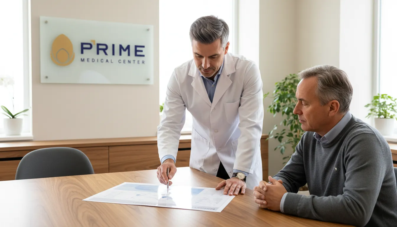 Médico explicando resultados do exame PSA para paciente idoso em consultório. Importância da prevenção e diagnóstico precoce.