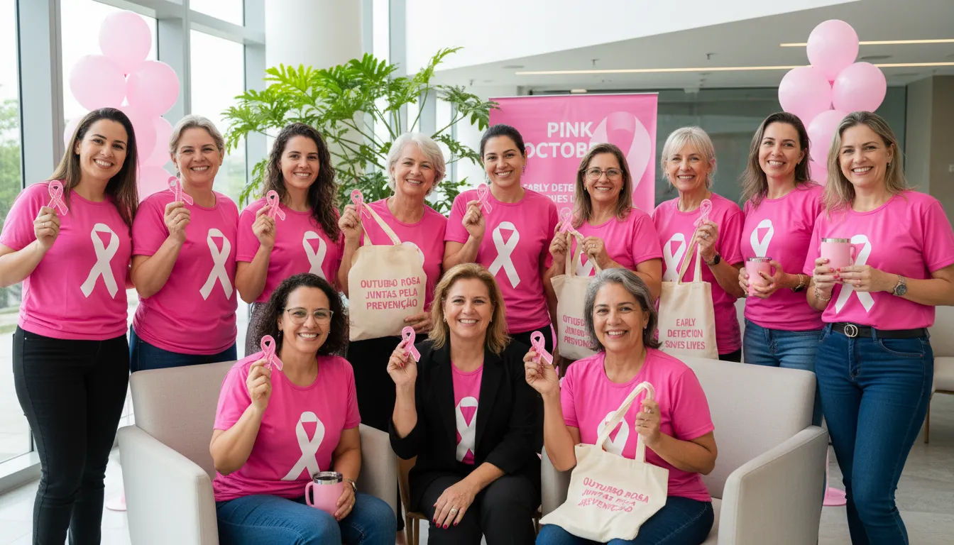 Colaboradoras de diferentes idades segurando brindes do Outubro Rosa em ambiente de trabalho