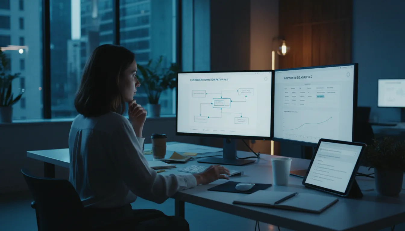 Estrategista planejando automação de conteúdo e usando ferramentas de SEO com IA em escritório moderno à noite