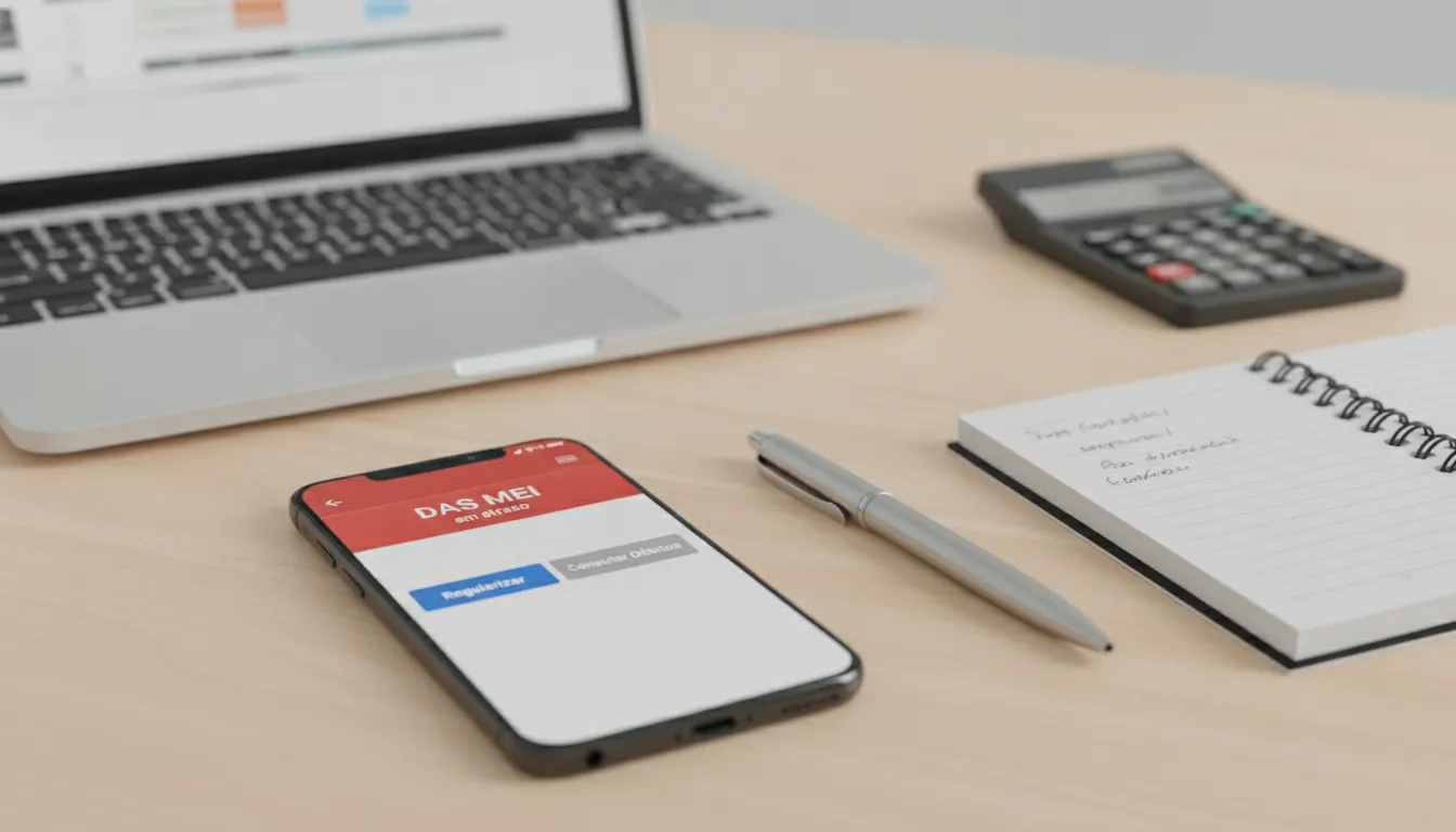 Smartphone exibindo notificação de DAS MEI atrasado e opções de regularização em uma mesa organizada.