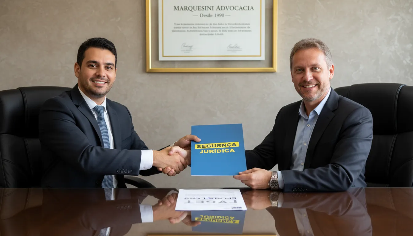 Parceiros de negócios apertam as mãos após acordo sobre pro labore, selando a segurança jurídica com a Marquesini Advocacia.