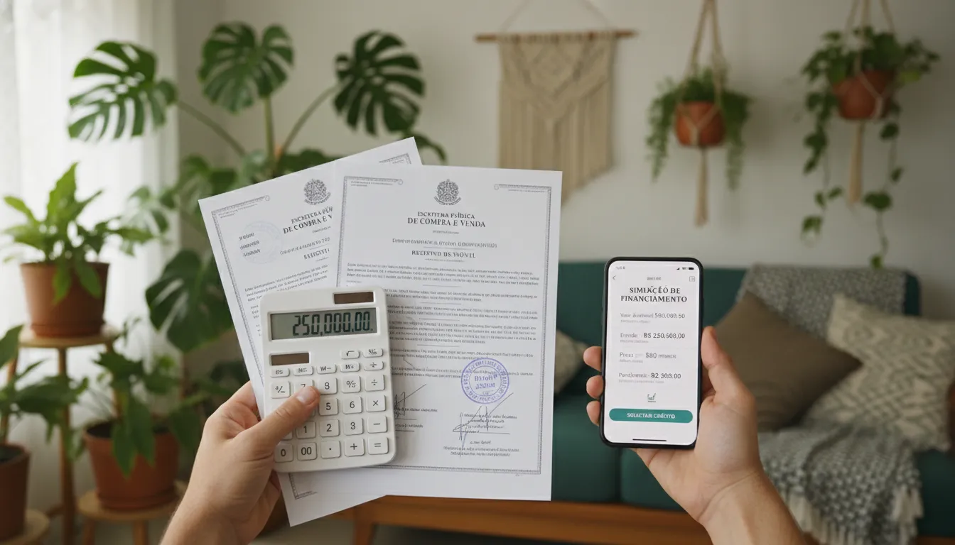 Mãos segurando documentos de imóvel e simulador de crédito em sala brasileira aconchegante.