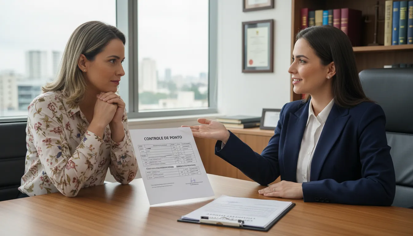 Advogada trabalhista explicando cálculo de horas extras a cliente em escritório