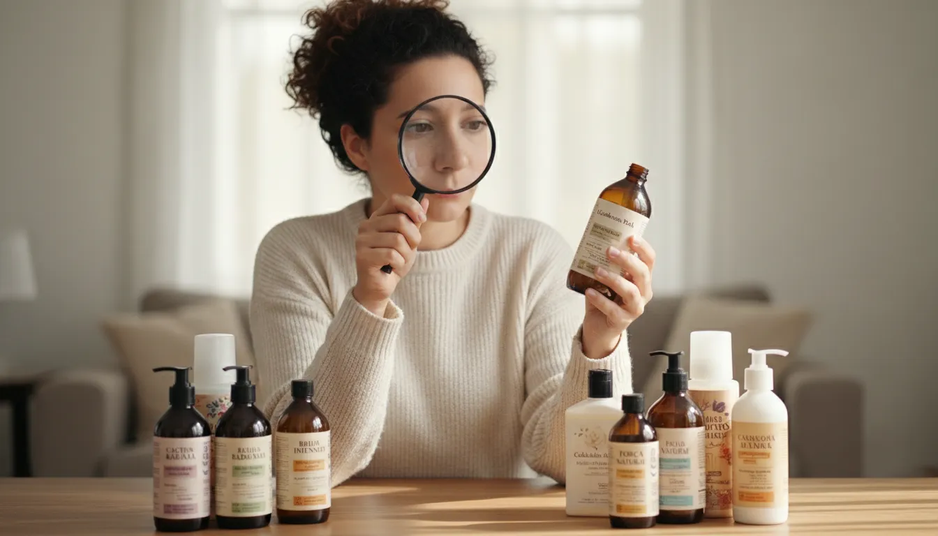 Mulher examinando rótulos de produtos capilares com lupa em uma mesa. Aprenda como ler rótulos de produtos capilares e escolher os melhores produtos.