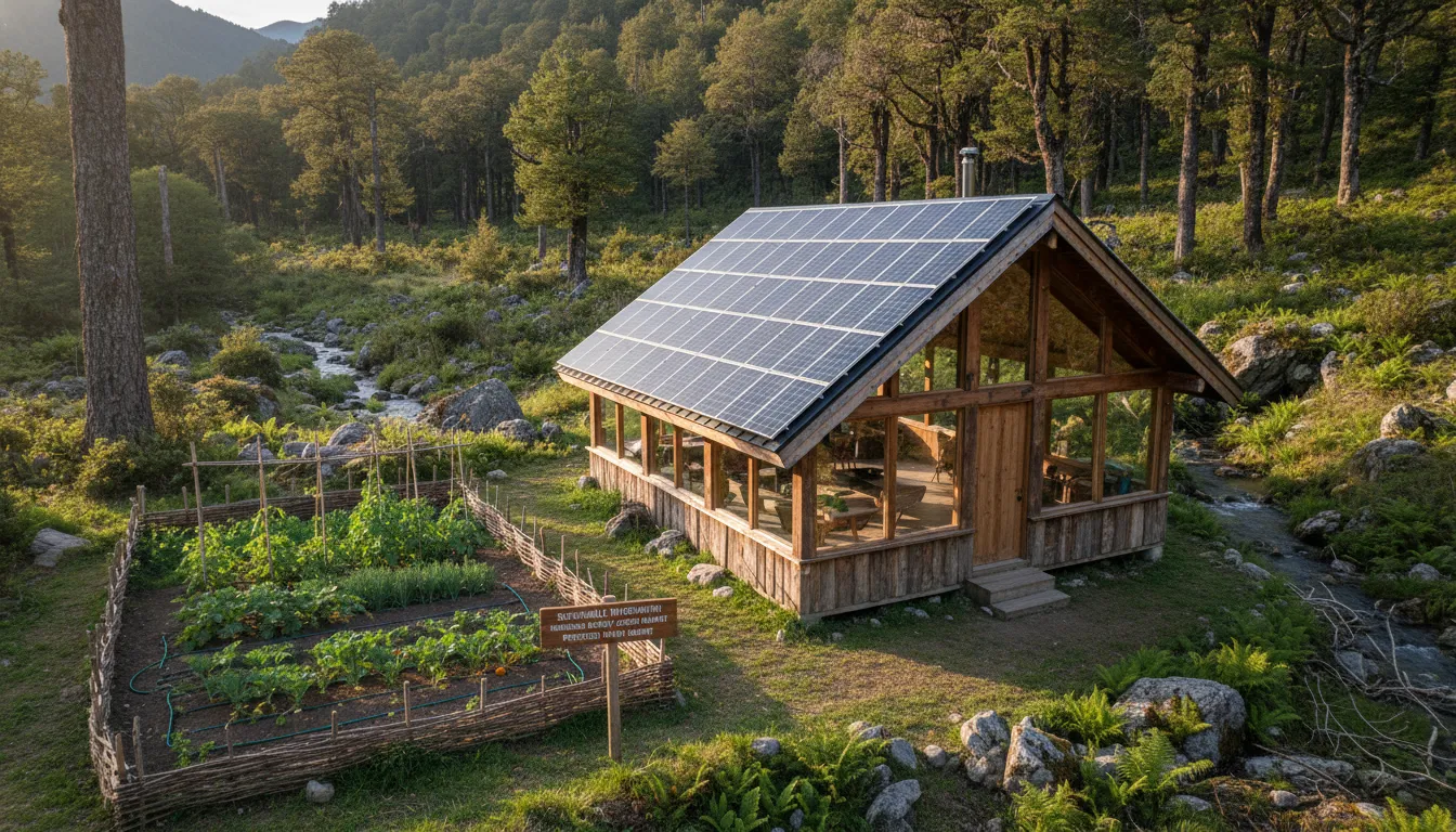 Cabana cercada por painéis solares, horta e mata nativa, mostrando integração sustentável.
