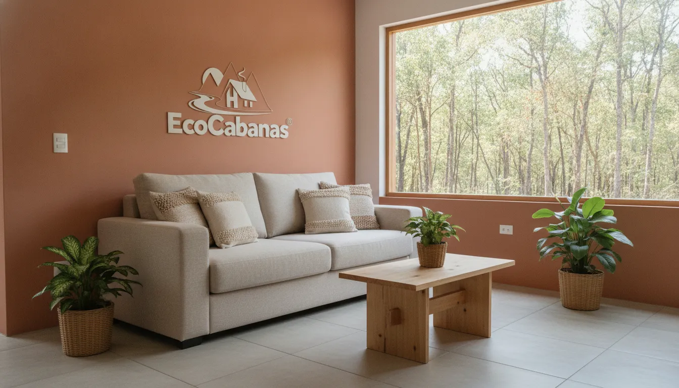 Interior aconchegante de casa de campo simples e barata, com luz natural e decoração minimalista da Eco Cabanas.