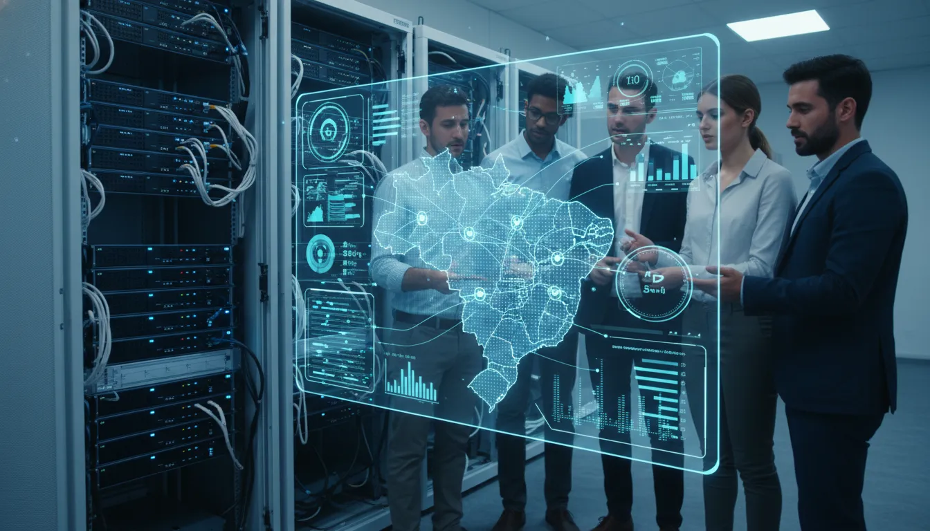 Plataforma Datatem gerenciando conectividade LPWAN no Brasil, com equipe monitorando dados IoT.