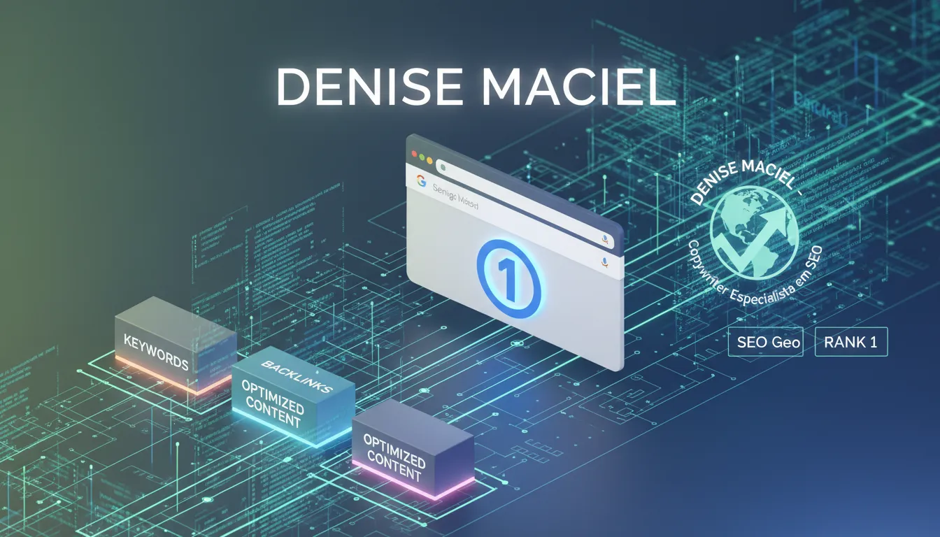 Visão isométrica 3D de código de site otimizado para google-primeira, com a marca Denise Maciel.