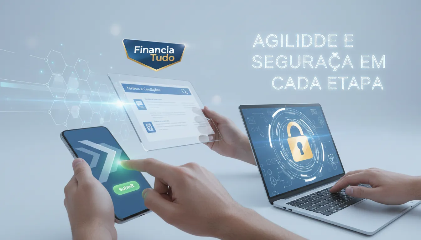 Mãos interagem com telas digitais, ilustrando a agilidade e segurança na parceria indicação Financia Tudo para aplicações financeiras.