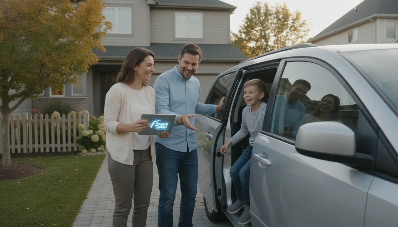 Família feliz entra em carro refinanciado, mostrando como veículos aceitos ajudam a realizar sonhos.