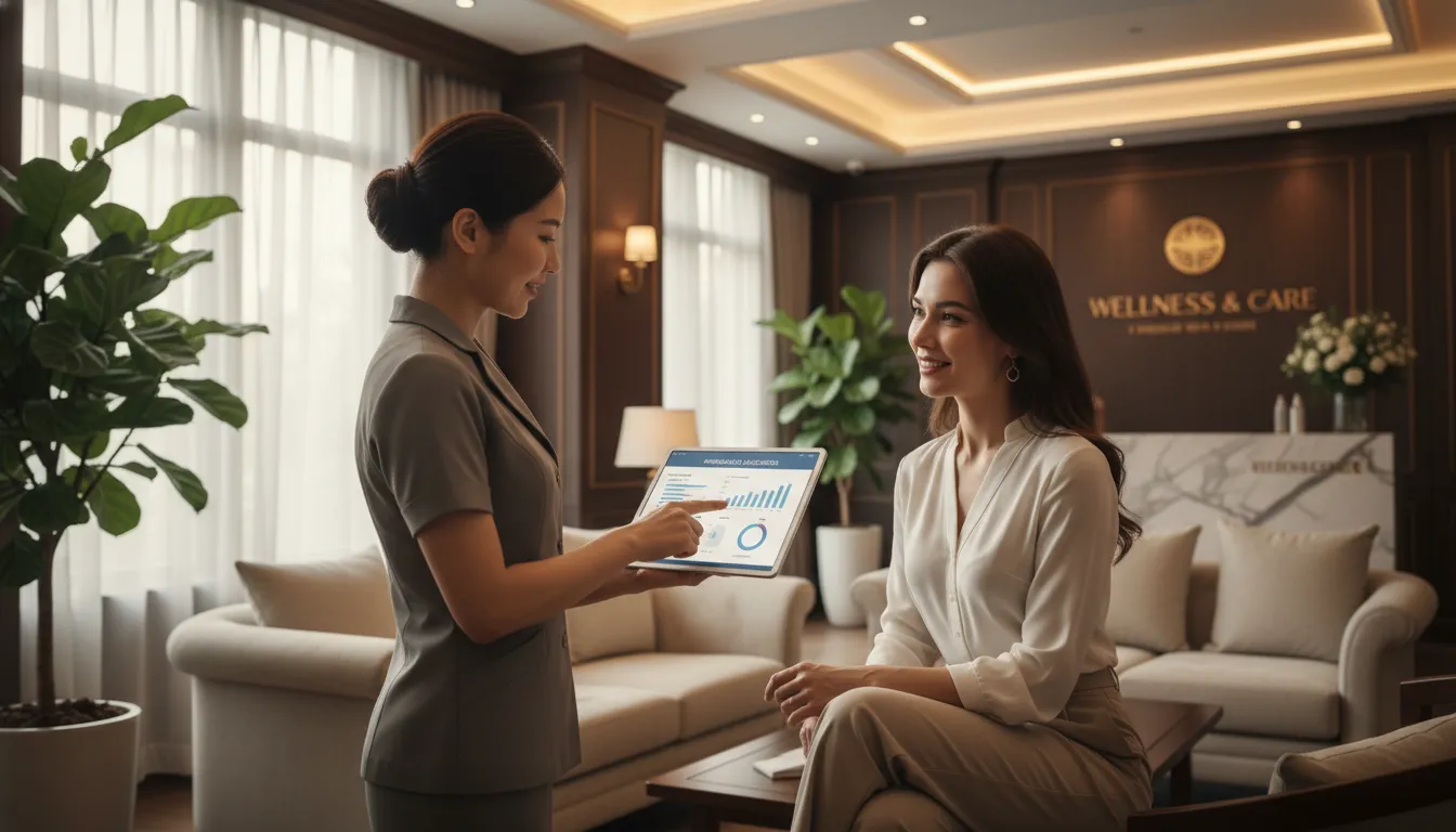 Cliente premium recebendo atendimento pós-venda com uso de tecnologia em clínica wellness