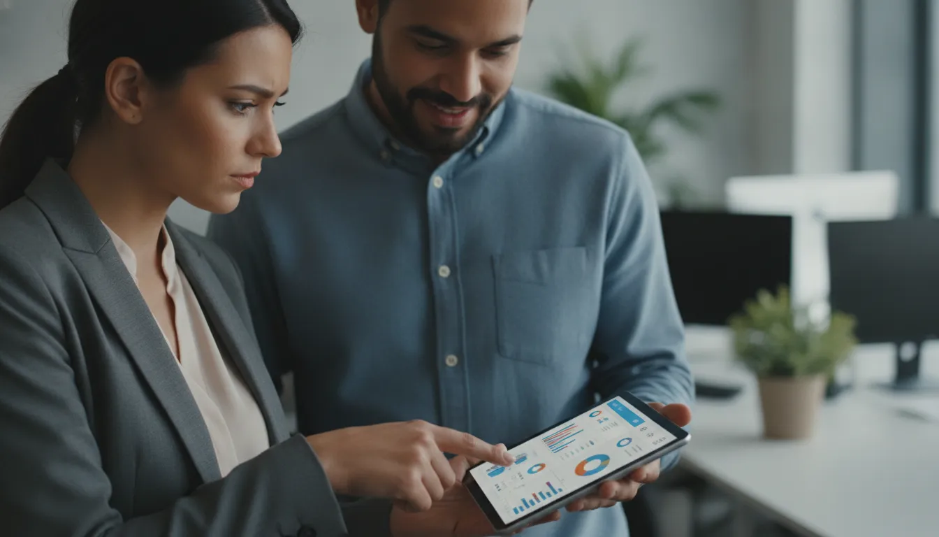 Equipe colabora na criação de orçamentos online em tablet, otimizando gestão de serviços.