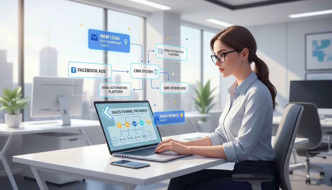Profissional configurando automação de funil entre Facebook Ads, CRM e e-mail, com leads fluindo
