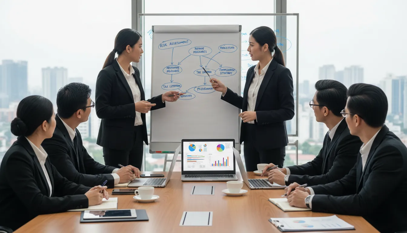 Advogados abordando planejamentos tributários com gestores usando gráficos, representando a consultoria consultiva preventiva.
