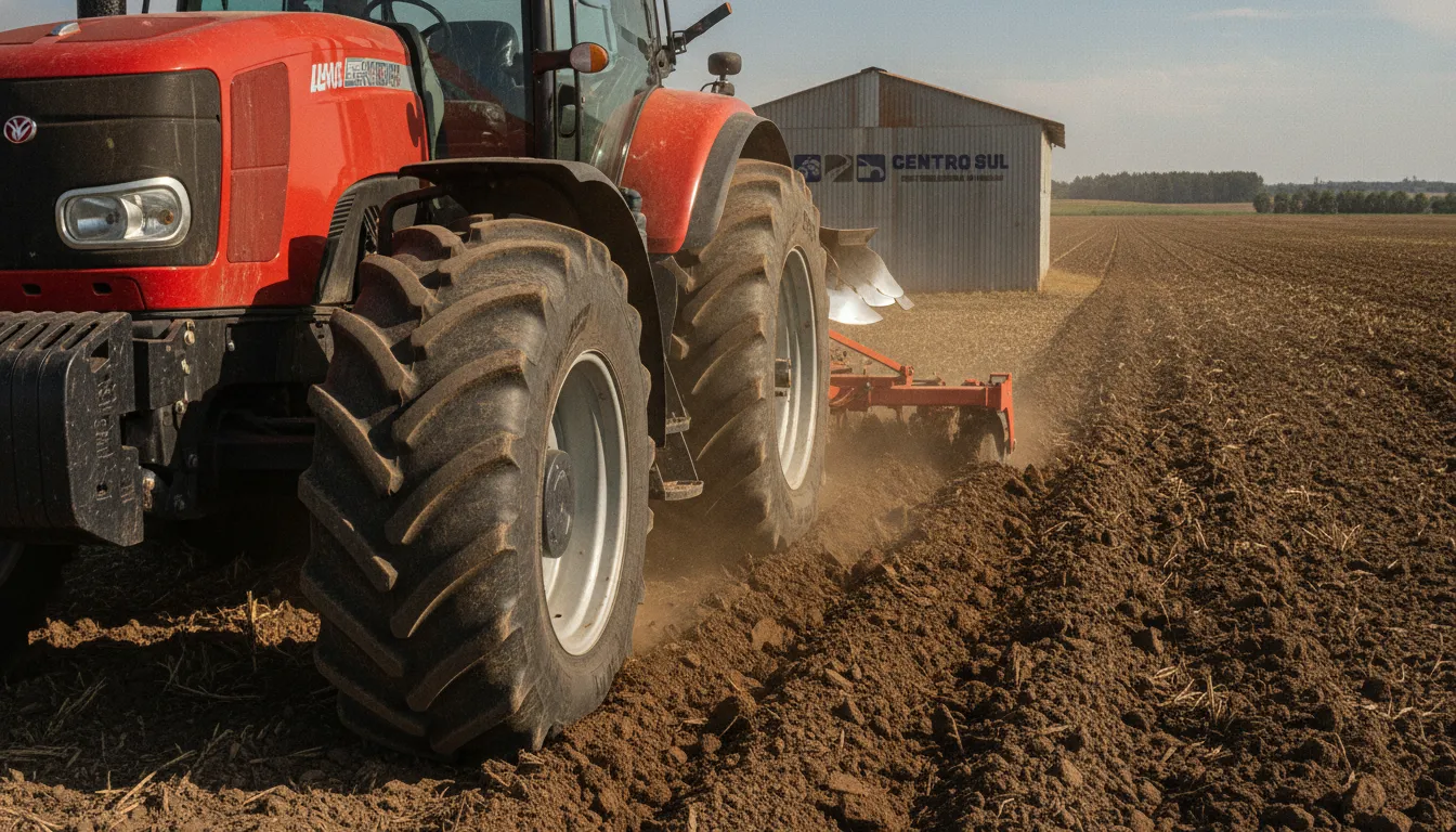 Trator agrícola trabalhando no campo, com pneus diagonal robustos garantindo tração superior no terreno.