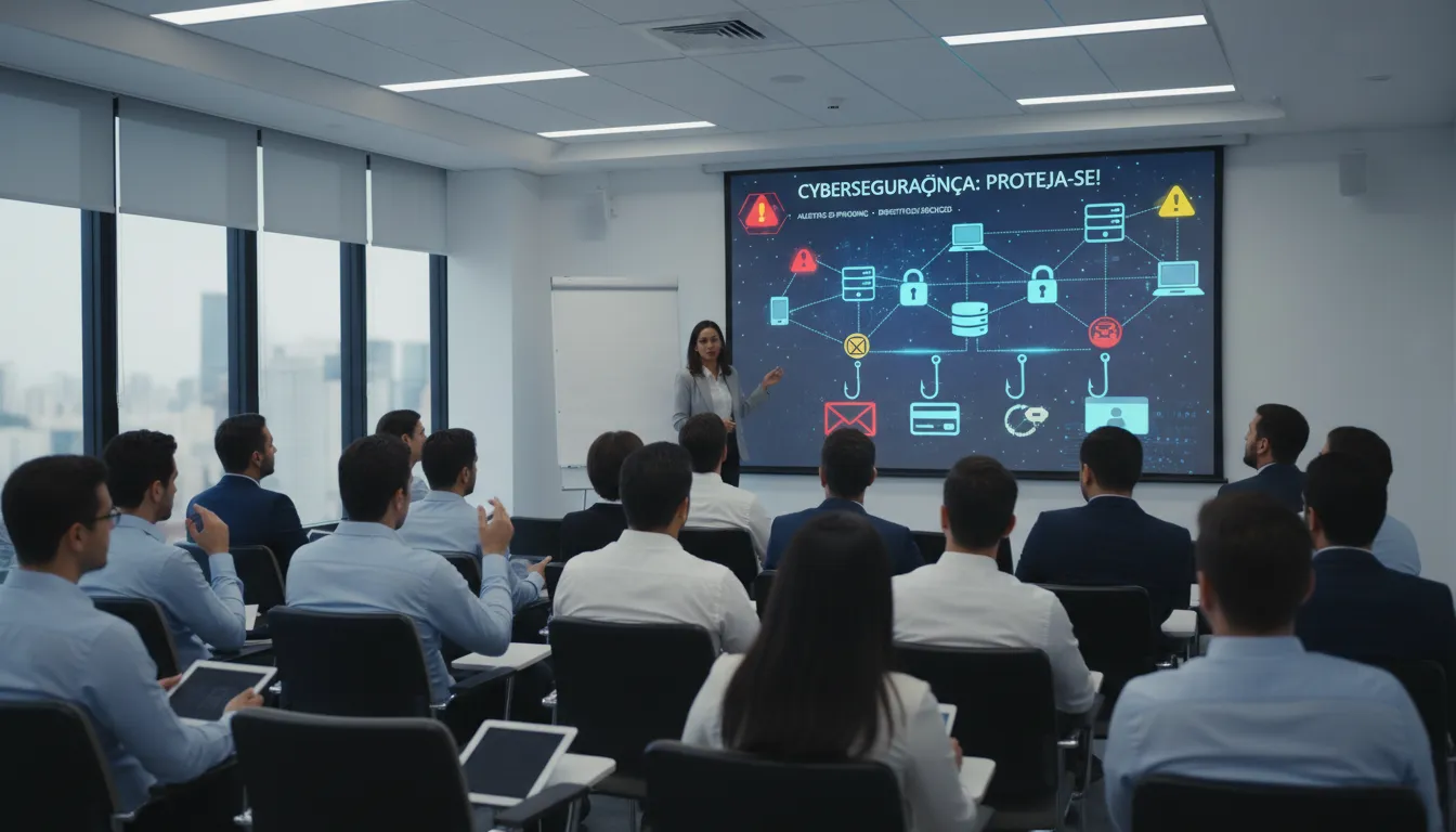 Equipe corporativa assiste treinamento sobre cibersegurança e prevenção de ataques de engenharia social.