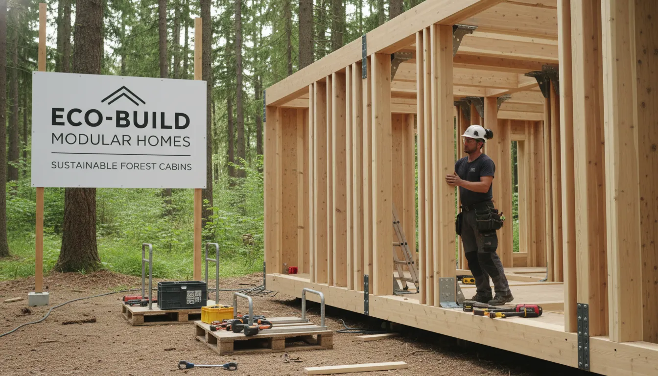 Montagem de módulos de cabana moderna em canteiro sustentável com madeira engenheirada.