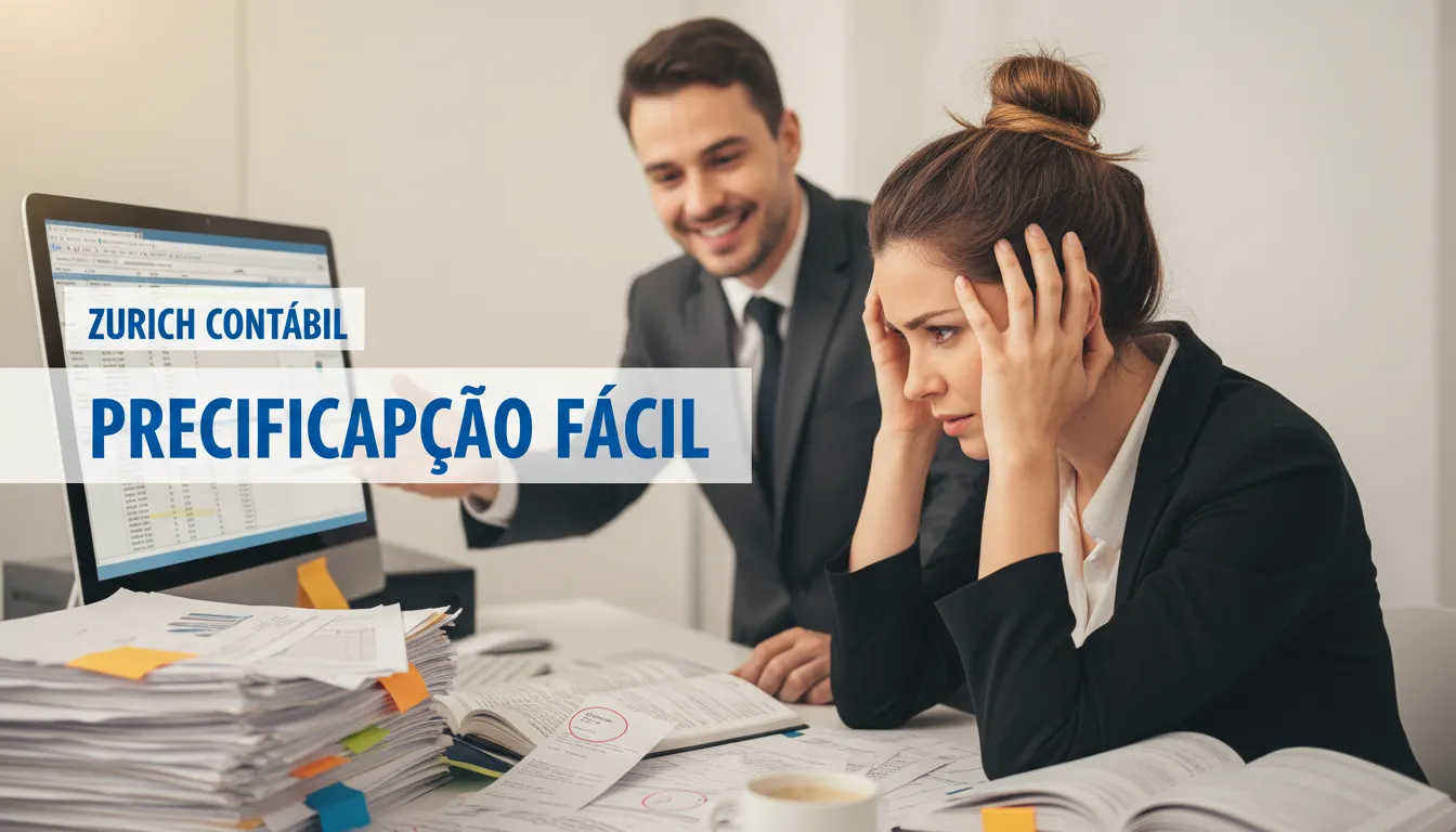 Empresário estressado com a precificação de produtos e impostos, sendo ajudado por um contador da Zurich Contábil, transmitindo a solução para uma precificação mais fácil.