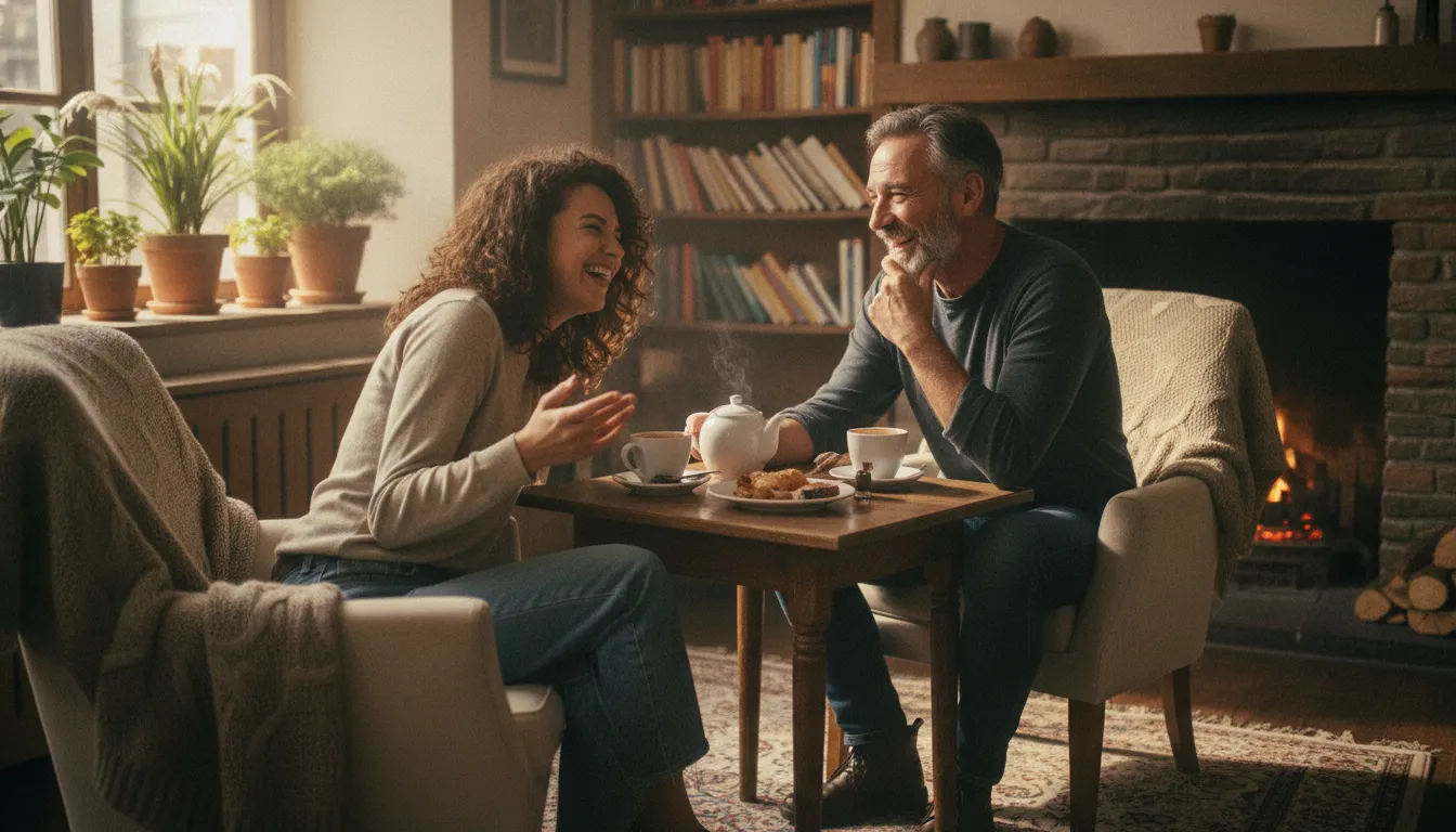 Duas pessoas rindo conversando cafe, ambiente aconchegante. Inverno e autocuidado com conexoes sociais.