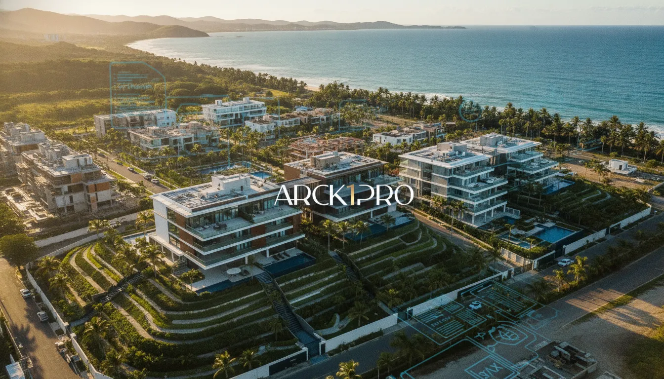 Vista aérea complexo residencial luxo litoral com sobreposição elementos fiscais reforma tributária imóveis.
