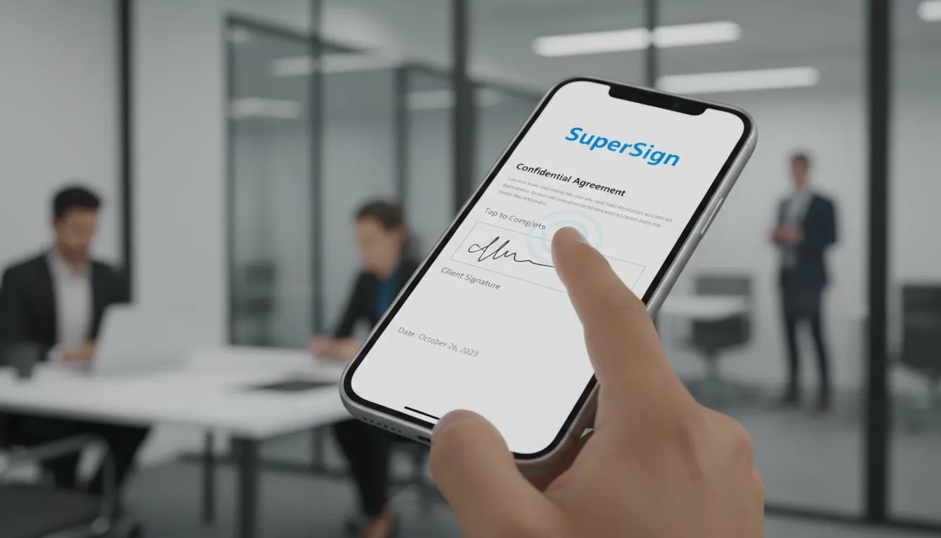 Close-up de um smartphone mostrando a assinatura digital de um documento utilizando a api assinatura digital SuperSign.