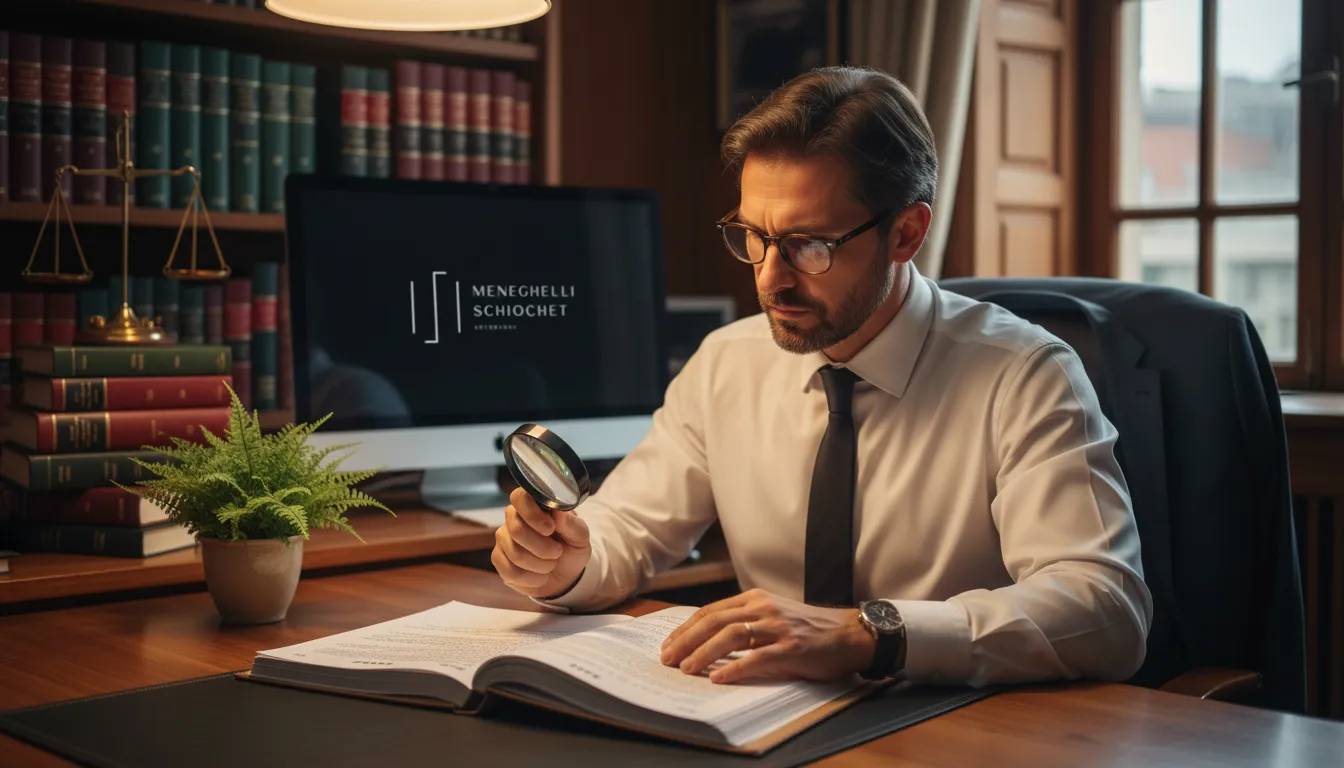 Advogado civil o que faz? Analisa documentos legais detalhados em seu escritório, com livros de direito e uma balança da justiça ao fundo.