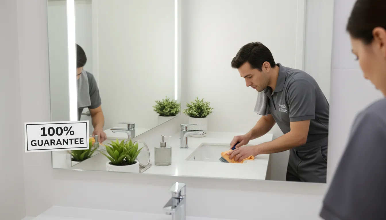 Spotless bathroom mirror reflecting a clean bathroom after professional house cleaning, highlighting attention to detail.