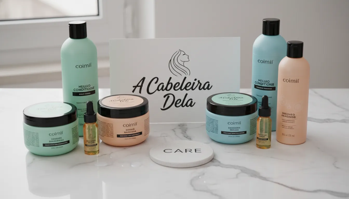 Foto de close-up de diversos produtos baratos para cabelo (shampoo, condicionador, máscaras e óleos) dispostos artisticamente em mármore branco.
