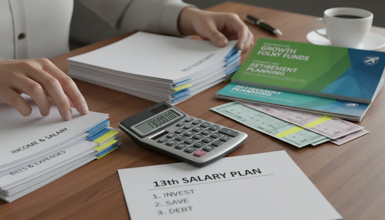 Mãos organizando documentos, contas e calculadora para planejar o uso do décimo terceiro salário.