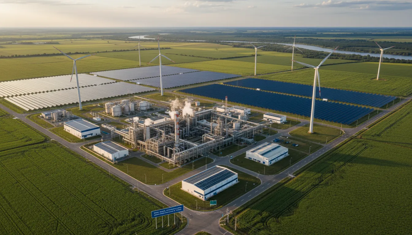Polo industrial de fertilizantes verdes ao lado de energia renovável e lavouras vistas de cima.