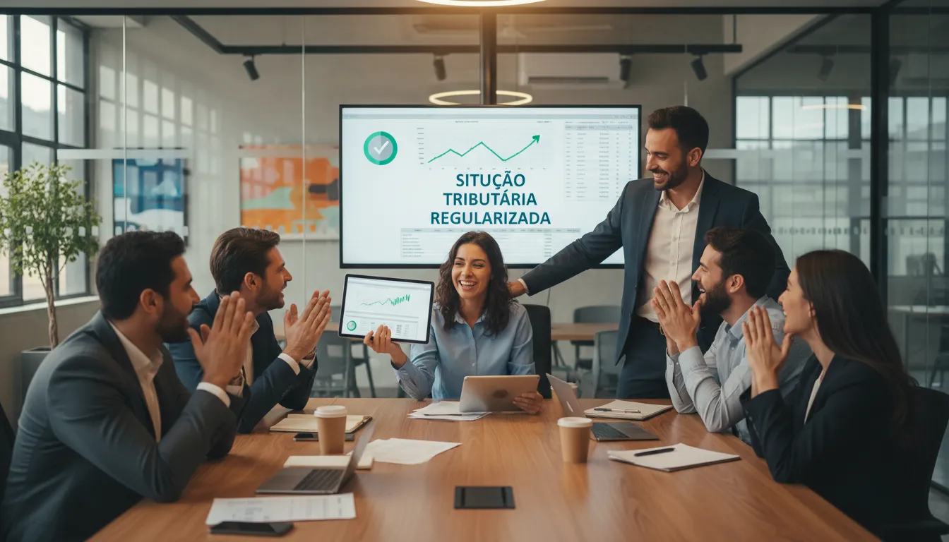 Equipe empresarial analisando relatórios financeiros após a regularização tributária bem-sucedida