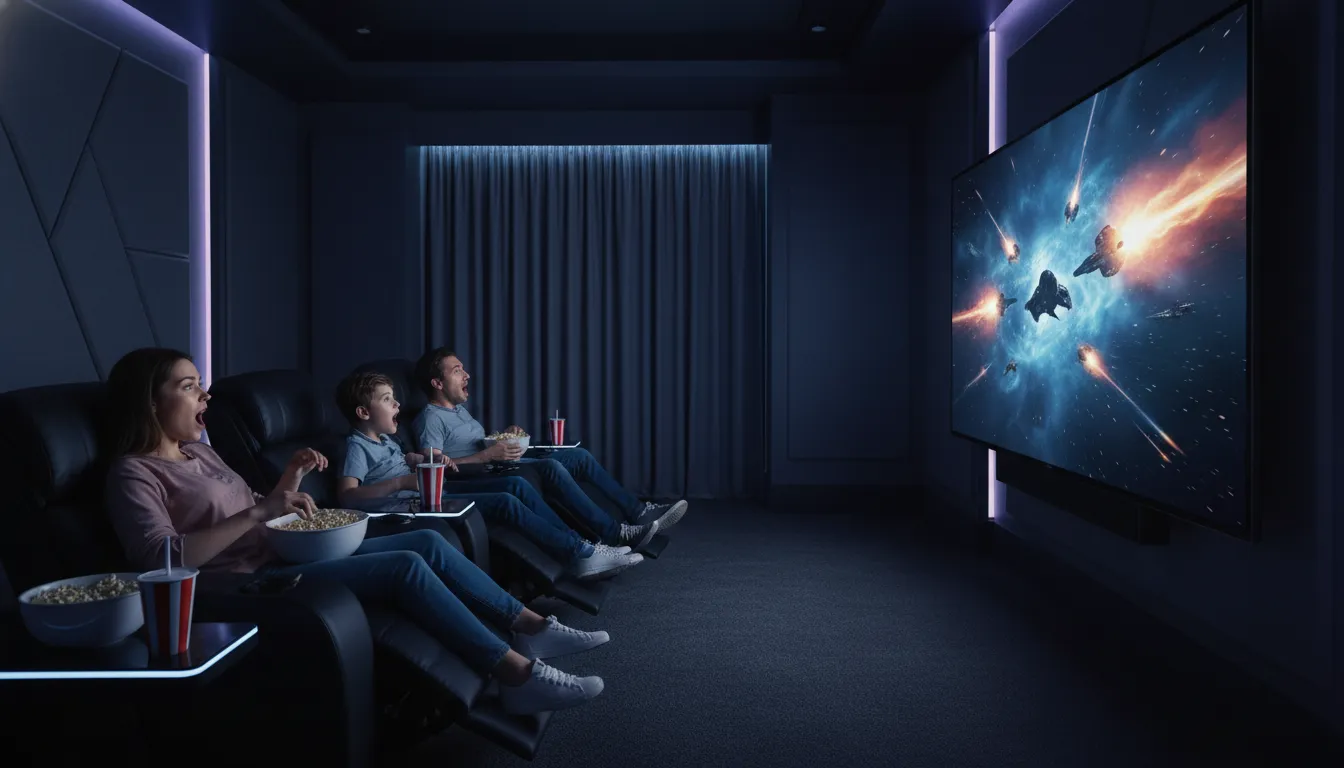 Família reunida em home theater aproveitando a melhor tv para uma experiência cinematográfica imersiva e envolvente.