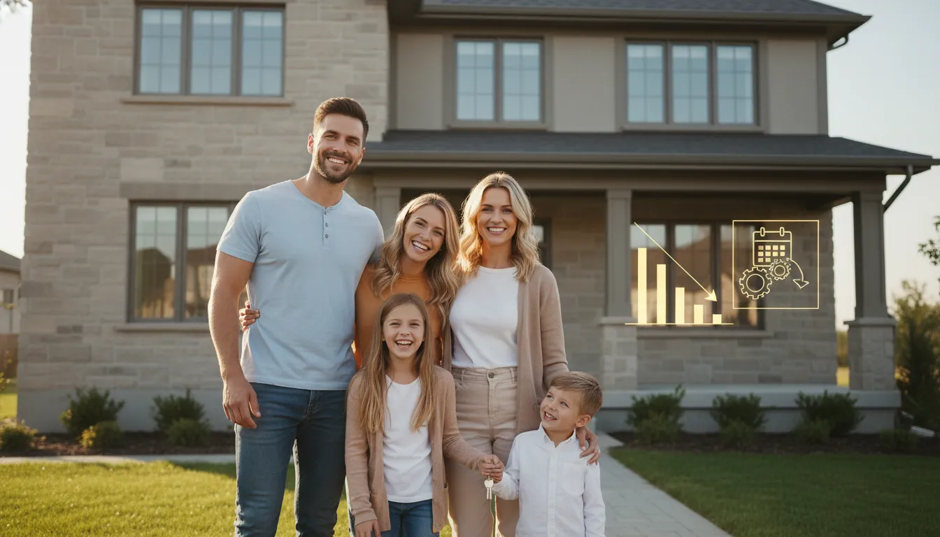 Família feliz entra em sua nova casa, simbolizando a tranquilidade de entender como funciona a amortização financiamento.