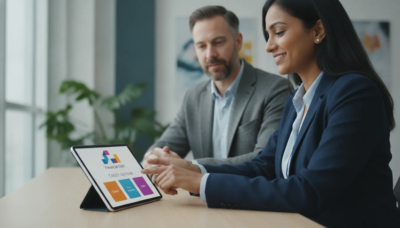 Consultor Financia Tudo explicando opções de financiamento para empresa de engenharia, oferecendo suporte especializado.