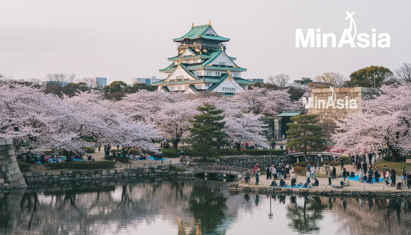 Vista panorâmica do Castelo de Osaka com cerejeiras em flor, um ícone da cultura de osaka japão.