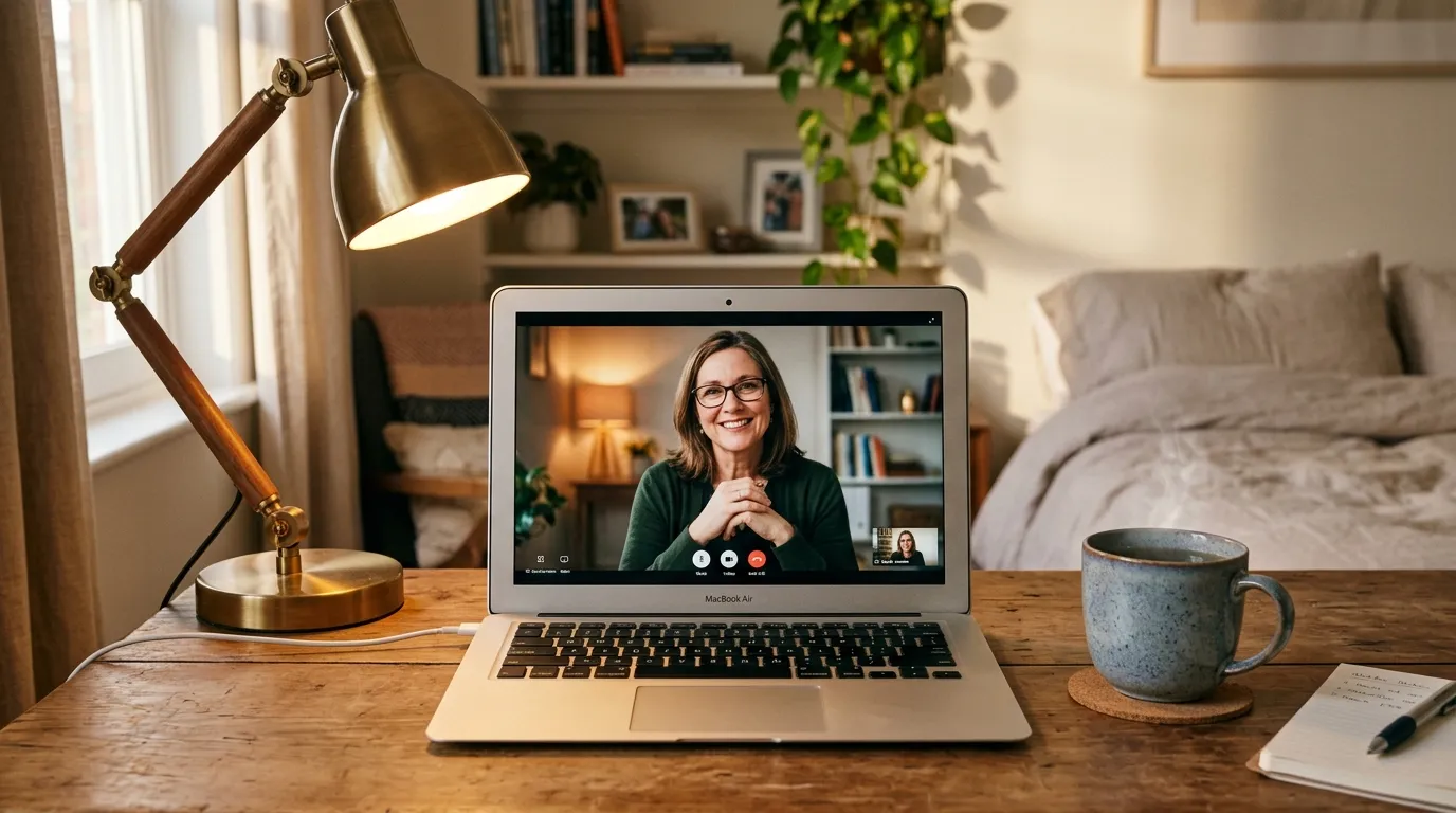 Sessão de terapia online no notebook simbolizando o suporte para a vida em equilíbrio emocional.