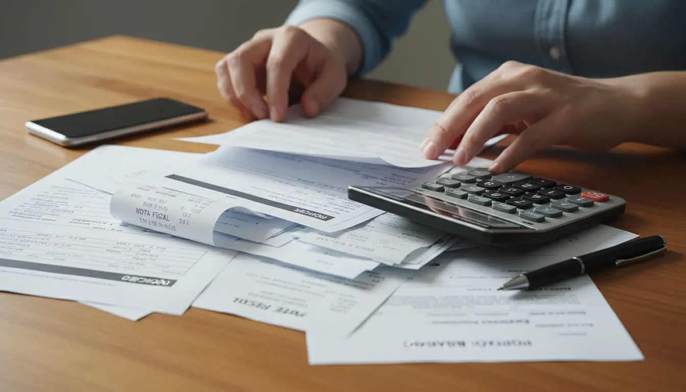 Mãos organizando recibos e notas fiscais para declaração do Imposto de Renda sobre mesa de trabalho.