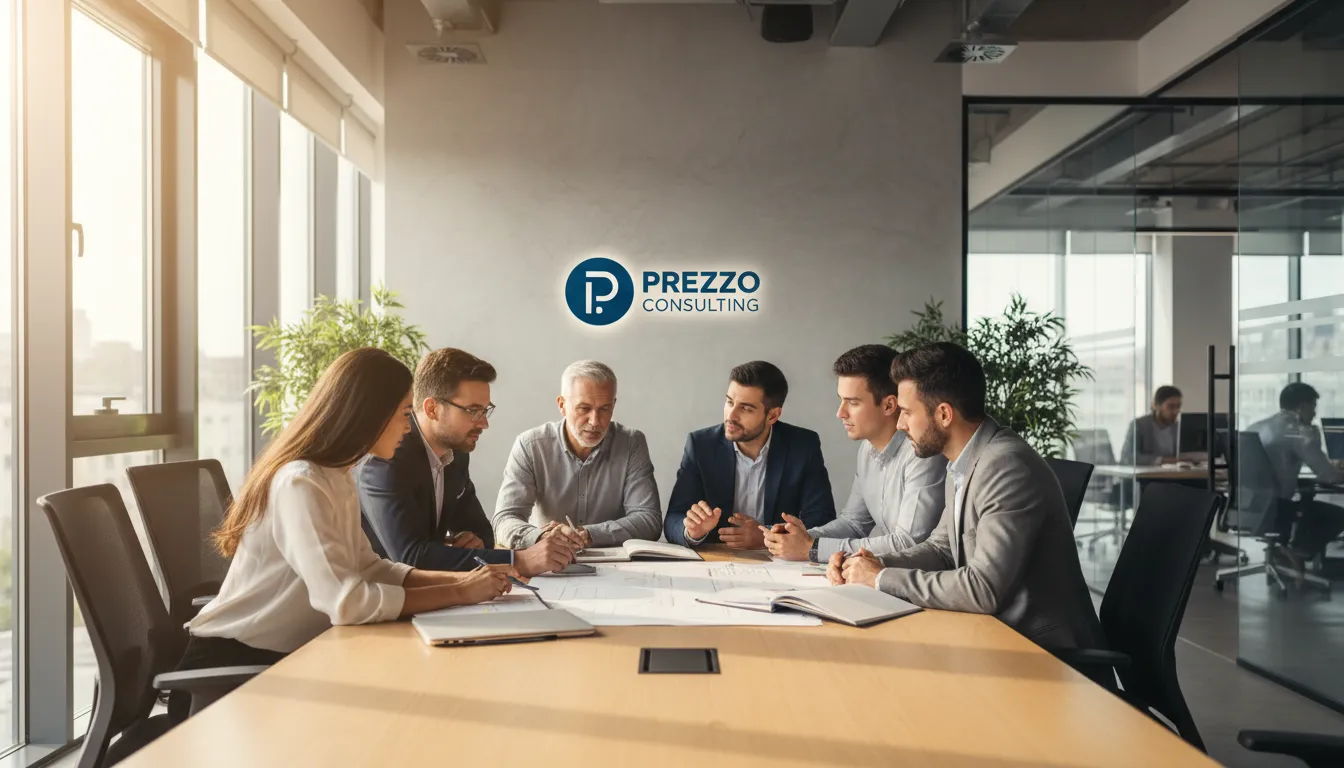 Equipe colaborando em um escritório moderno, revisando documentos de formação de empresa, com o logo da Prezzo Consulting. Perfeito para abertura de empresa em Delaware.