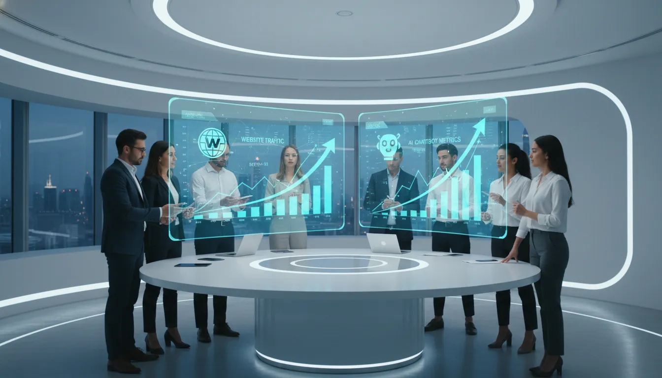 Equipe de analistas observando gráficos holográficos de crescimento de website e AI Chatbot Traffic, simbolizando estratégia.