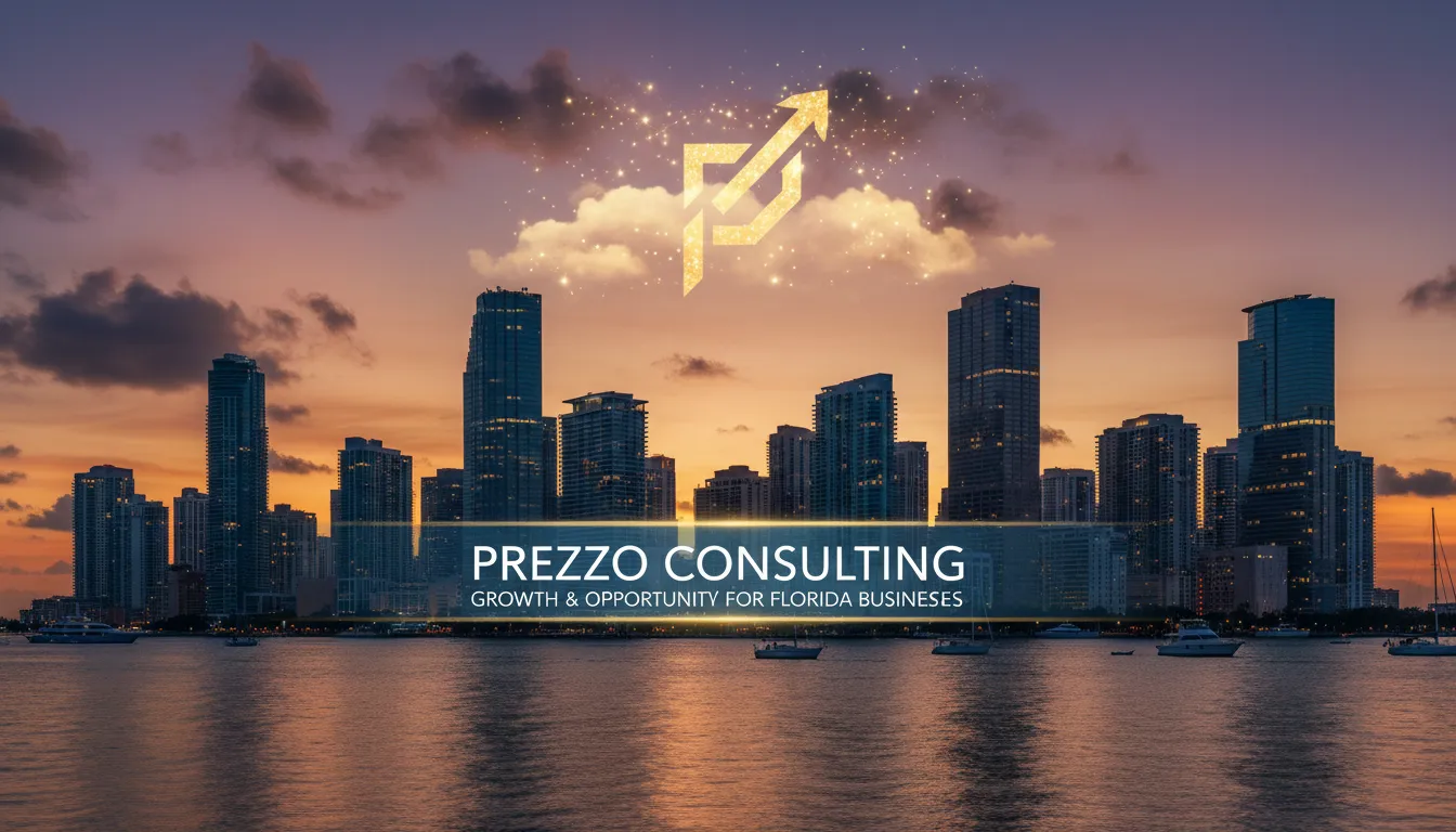 Miami skyline with Prezzo Consulting logo, showcasing tax preparation for business in Florida and symbolizing financial growth.