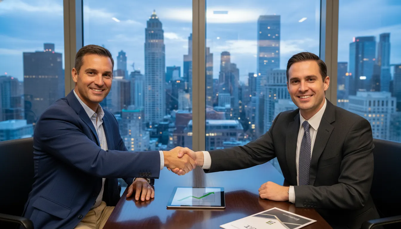 Executivo fechando acordo com consultor financeiro para reorganizar dívidas empresariais usando garantia.