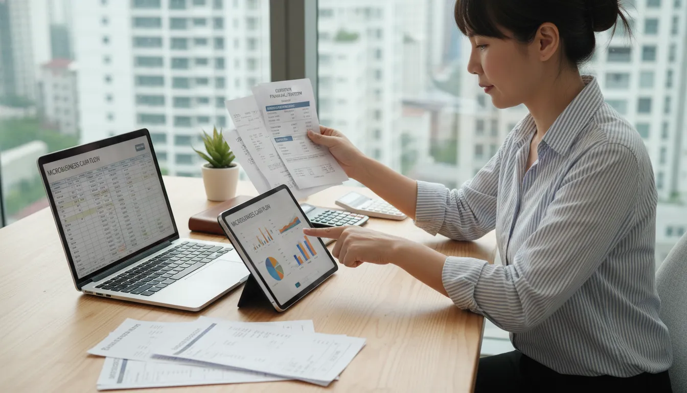 Empreendedor faz gestão eficiente de finanças do MEI, com documentos e planilhas em ambiente organizado.