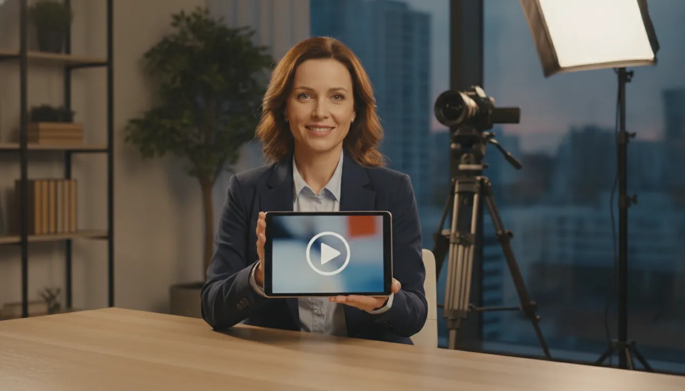 Profissional exibe tablet com vídeo, simbolizando a estratégia de prova social em depoimentos gravados com qualidade.
