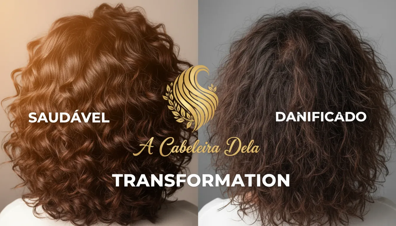 Comparação lado a lado: cabelo saudável e cabelo fraco e sem vida, mostrando a diferença visual.